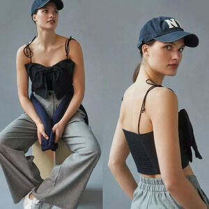 Anthropologie Maeve Bow-Tie Crop Top in Black Size Medium NWT $98